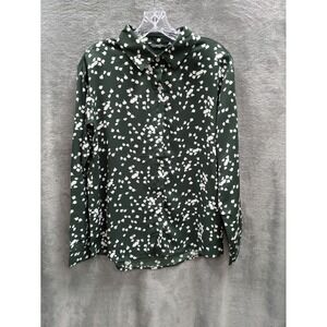 Dark Academia Button Down Top Women Medium Green White Ditsy Print READ